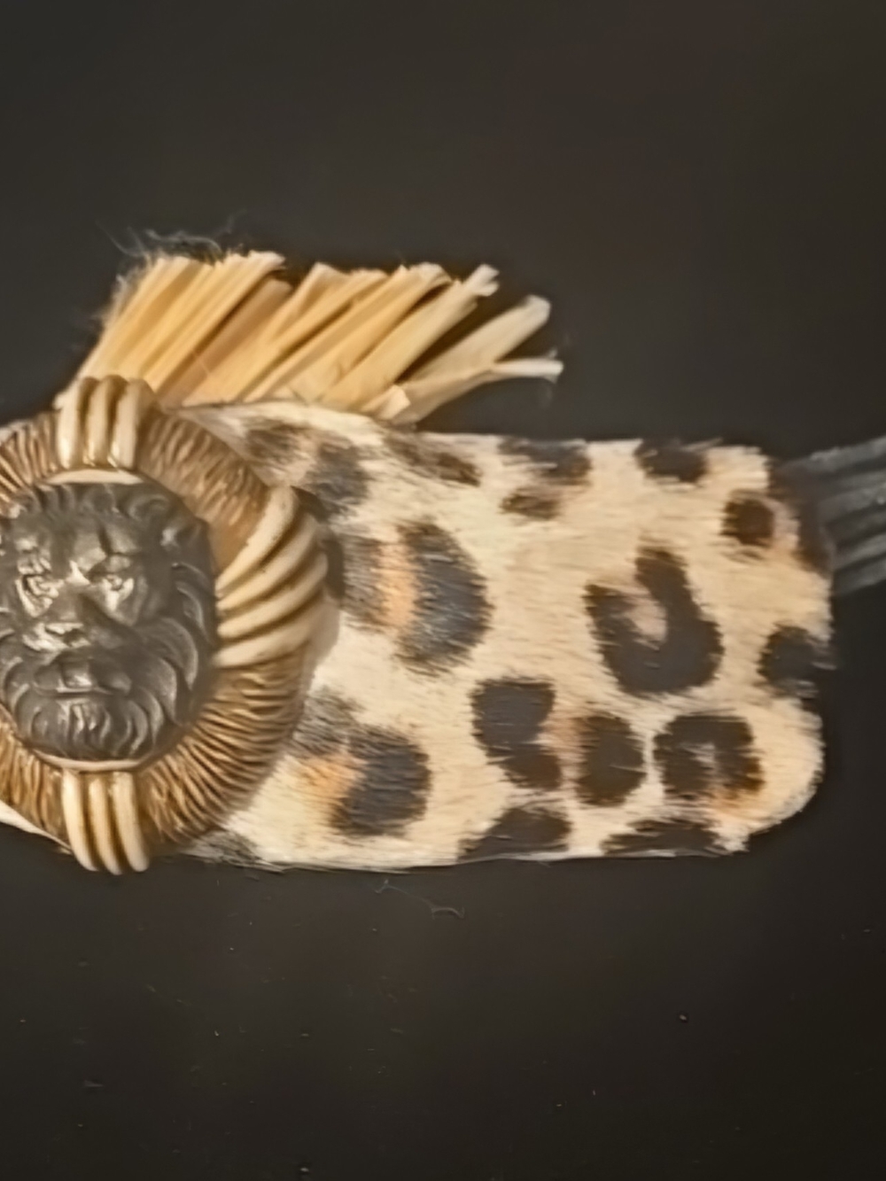 VINTAGE Leopard Print Fringe Hair Barrette with Lion Accent -  FRANCE